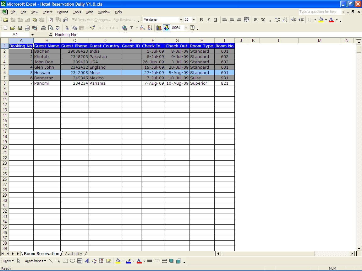 Hotel Room Occupancy Spreadsheet with Hotel Reservations Excel