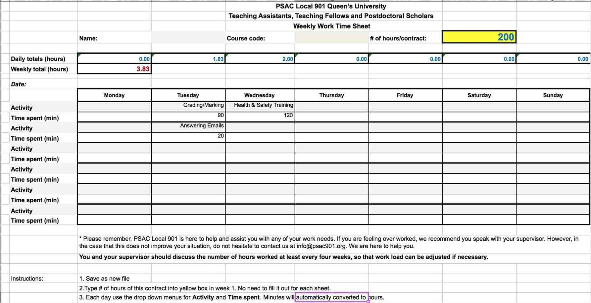 physical therapist daily hours tracking excel template