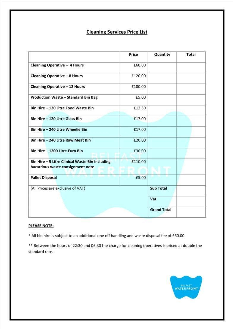 House Cleaning Pricing Spreadsheet Within 8+ Cleaning Price List Templates  Free Word, Pdf, Excel Format