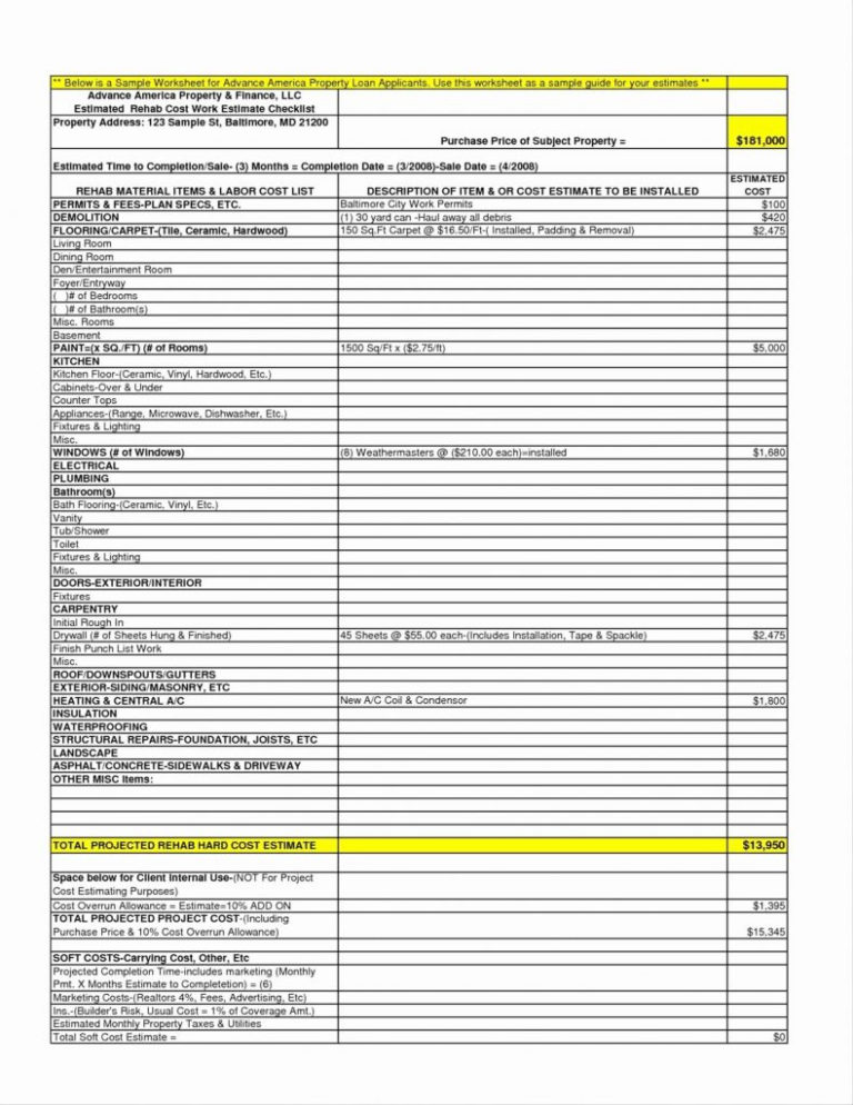 House Extension Spreadsheet Template in Estimate Template Excel Free