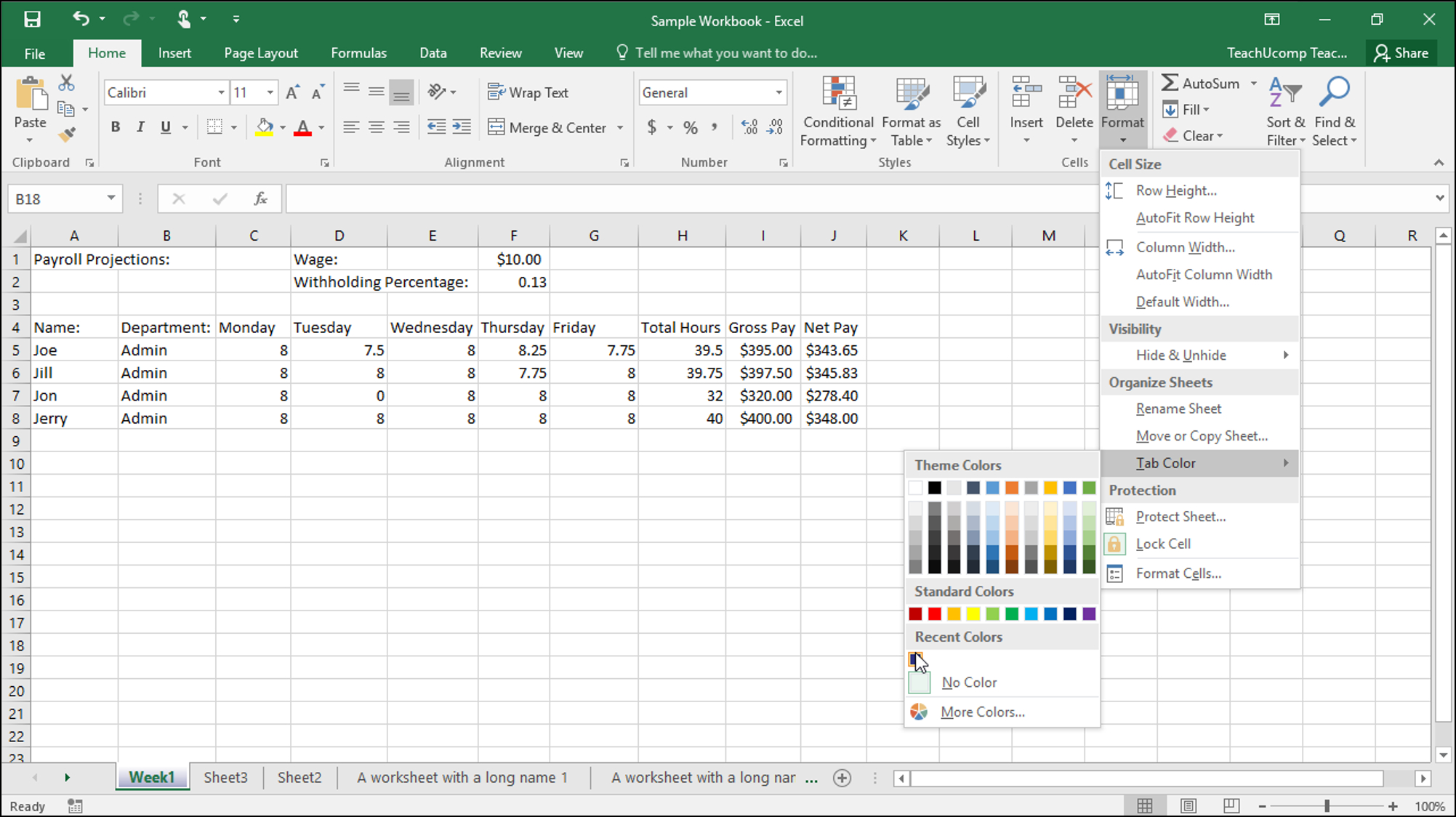 An Active Tab Color Displays This Way In The Worksheet