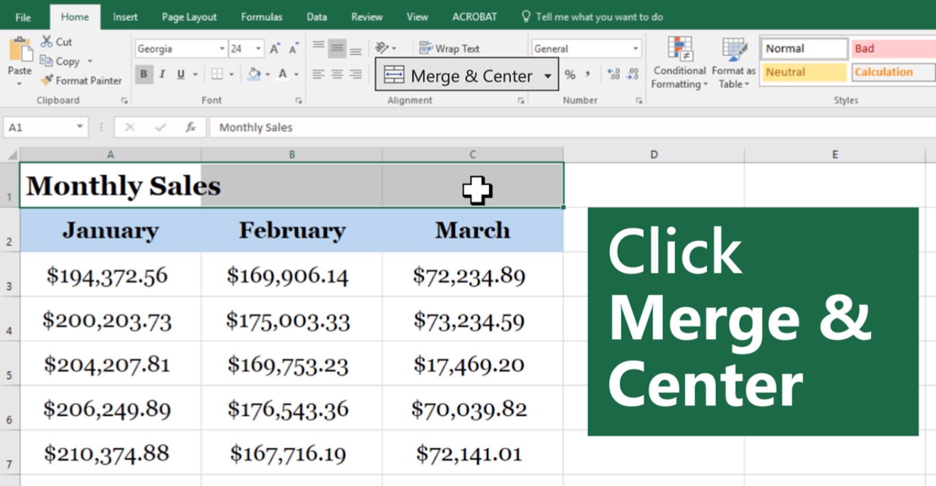 how to select multiple lines to merge and center in excel