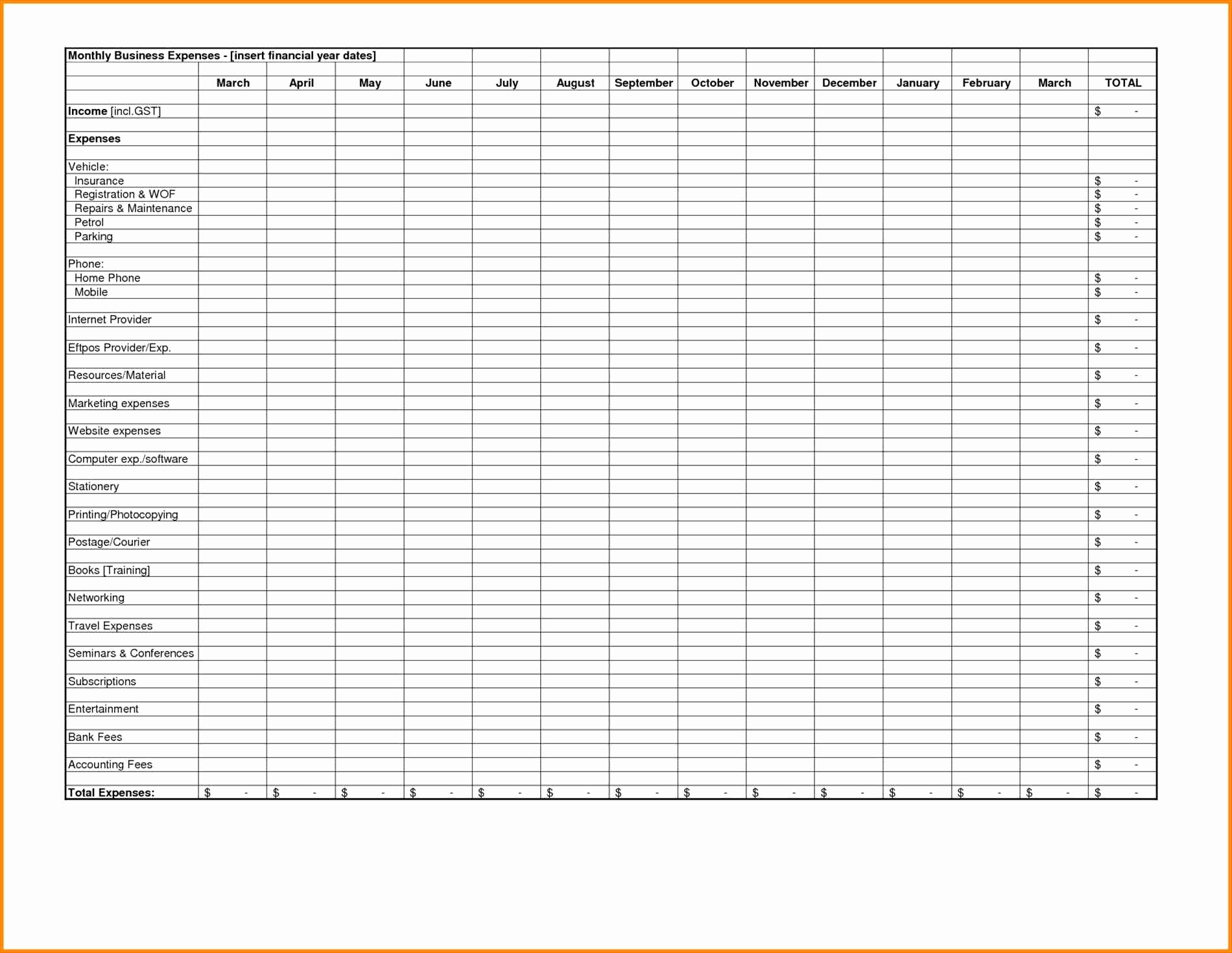 yearly small business spreadsheet for income and expenses