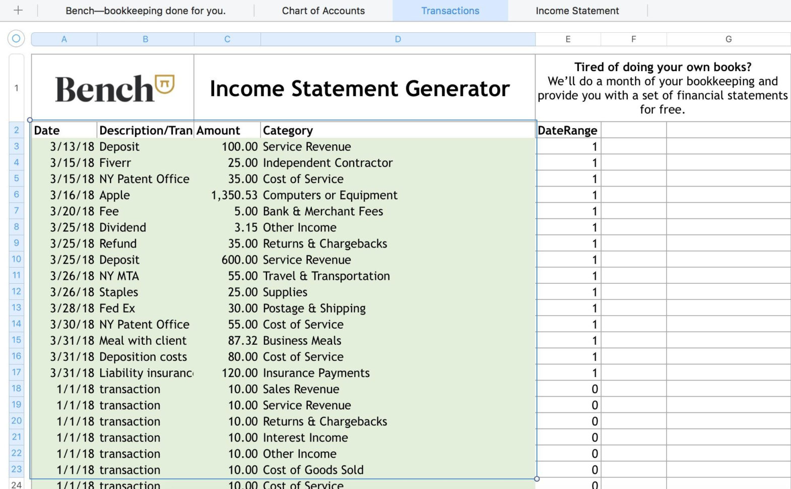 How To Setup A Spreadsheet For Bookkeeping Throughout The Bench Guide To Bookkeeping In Excel Template Included  Bench