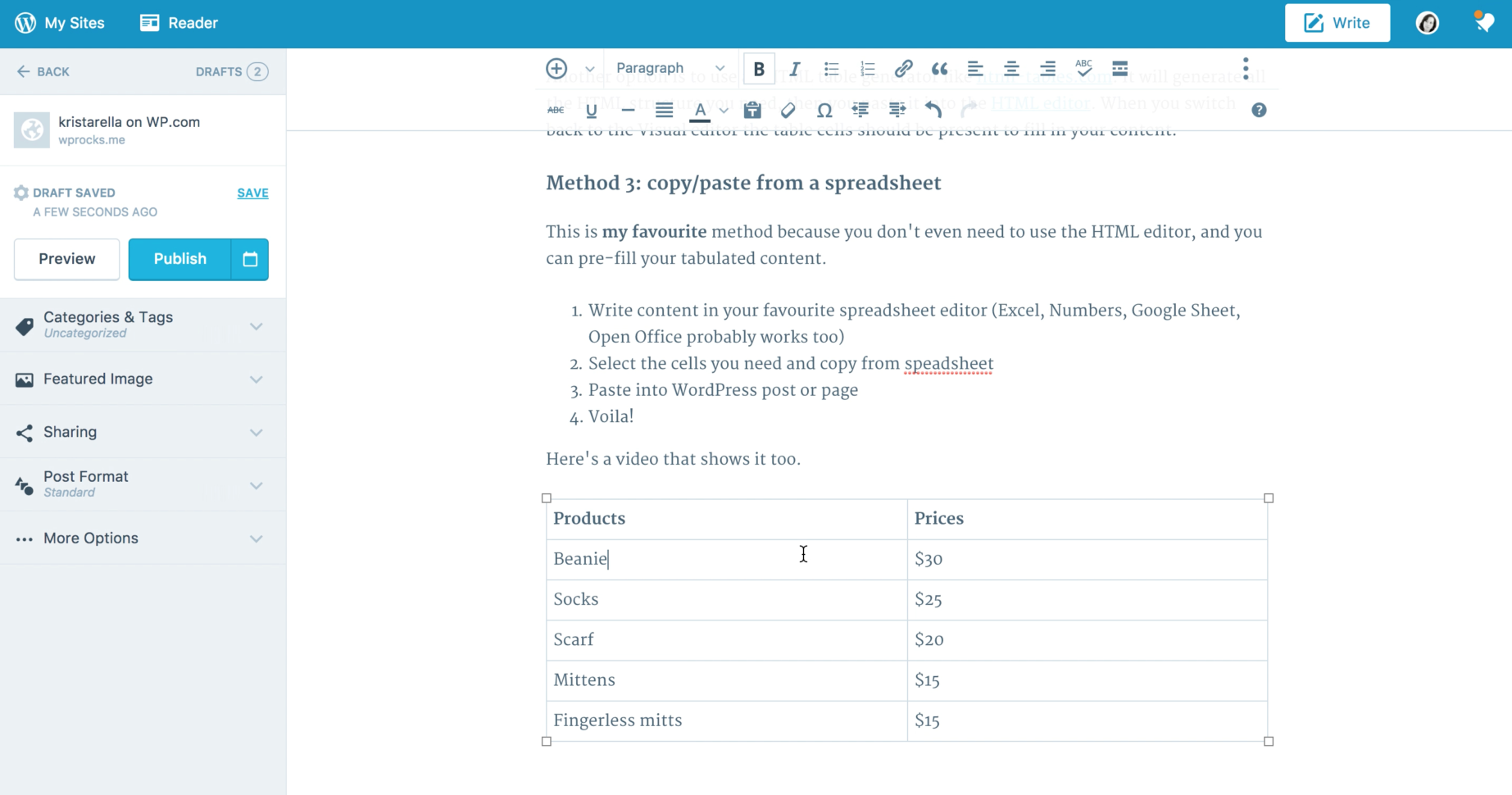 Html Spreadsheet In An Easier Html Table – Kristarella On Wp