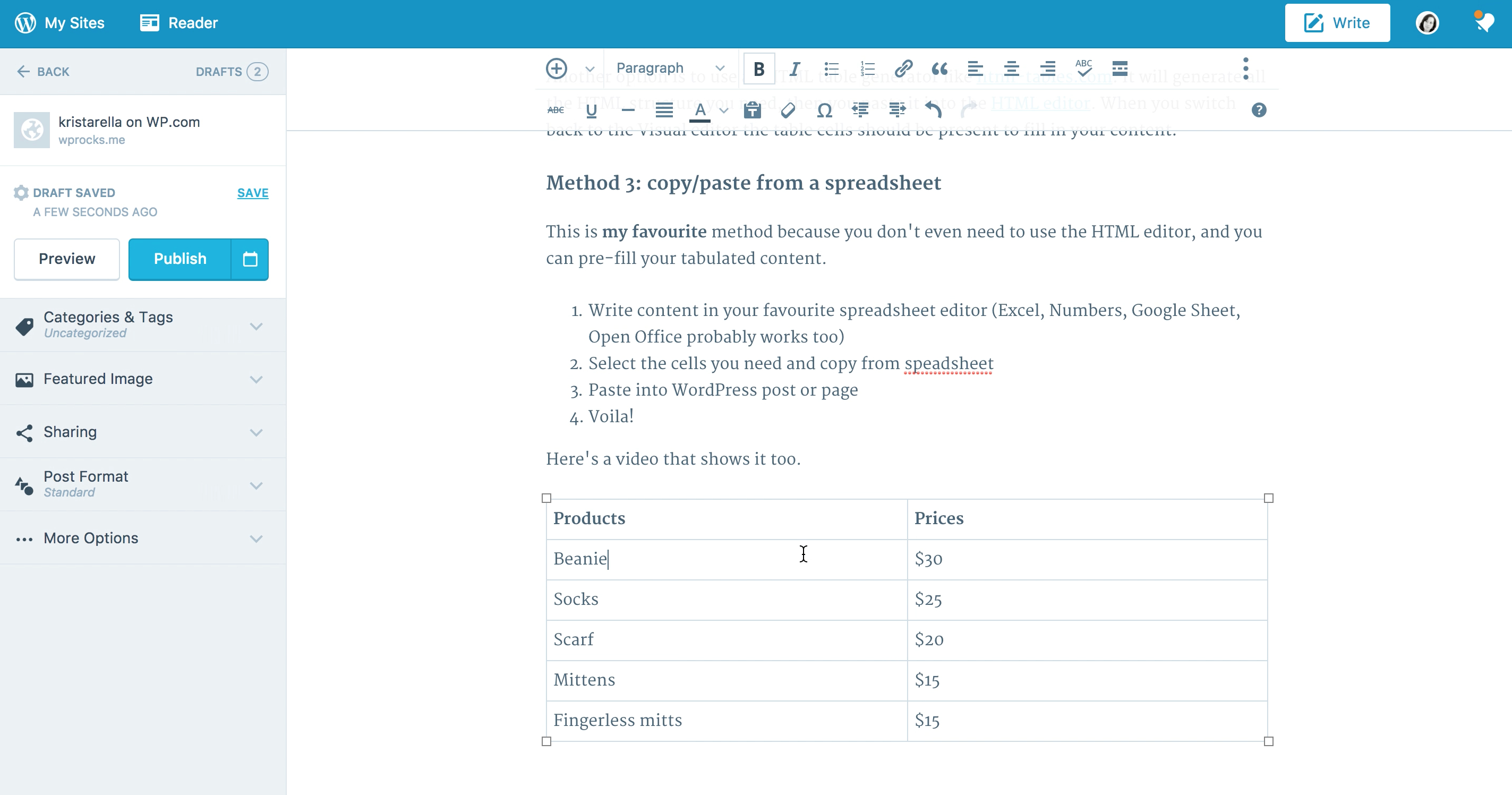 Html Spreadsheet in An Easier Html Table – Kristarella On Wp
