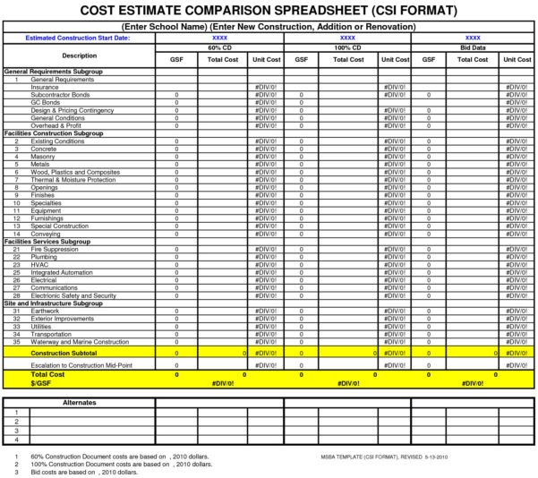 Hvac Estimating Spreadsheet Inside Cost Estimate Comparison Spreadsheet Free Download Cost 2002