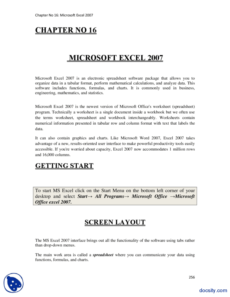 Introduction Of Spreadsheet In Ms Excel For Microsoft Excel 2007Computer Fundamentalslecture Notes  Docsity