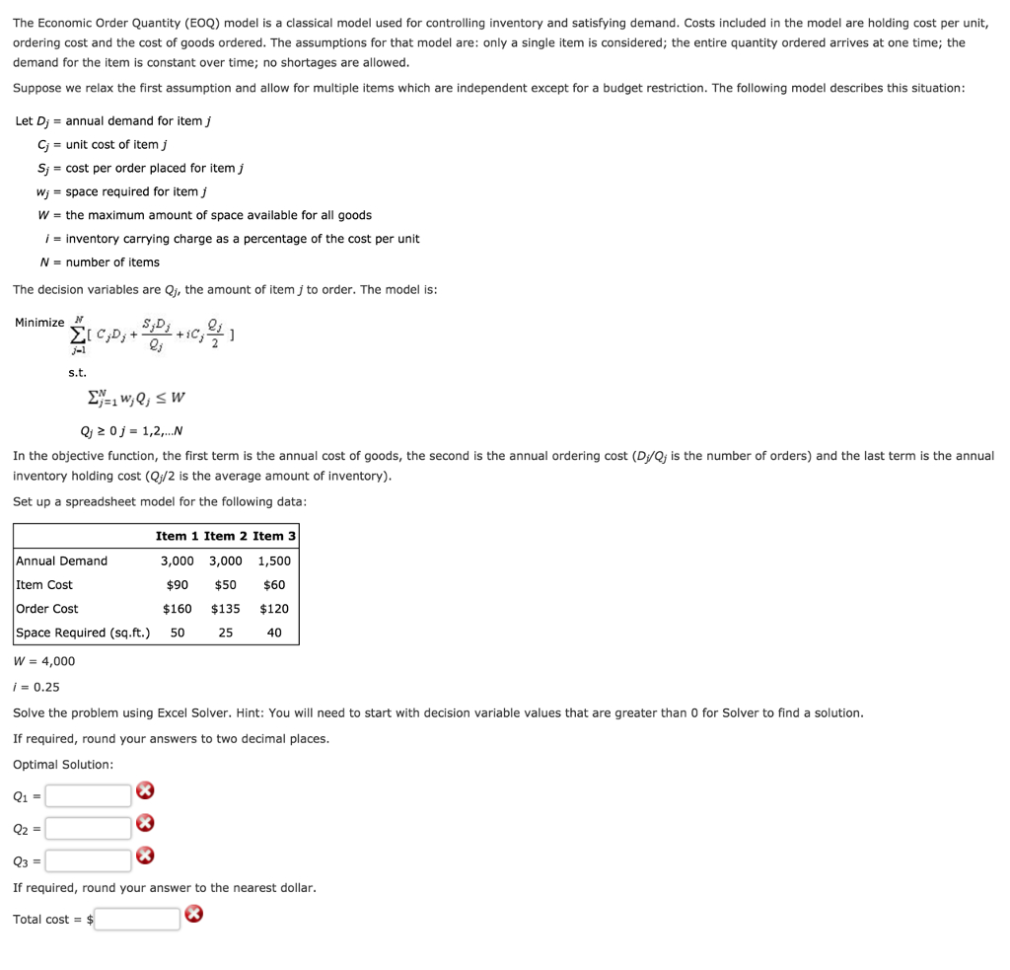 Inventory Ordering Spreadsheet Regarding The Economic Order Quantity Eoq Model Is A Class  Chegg