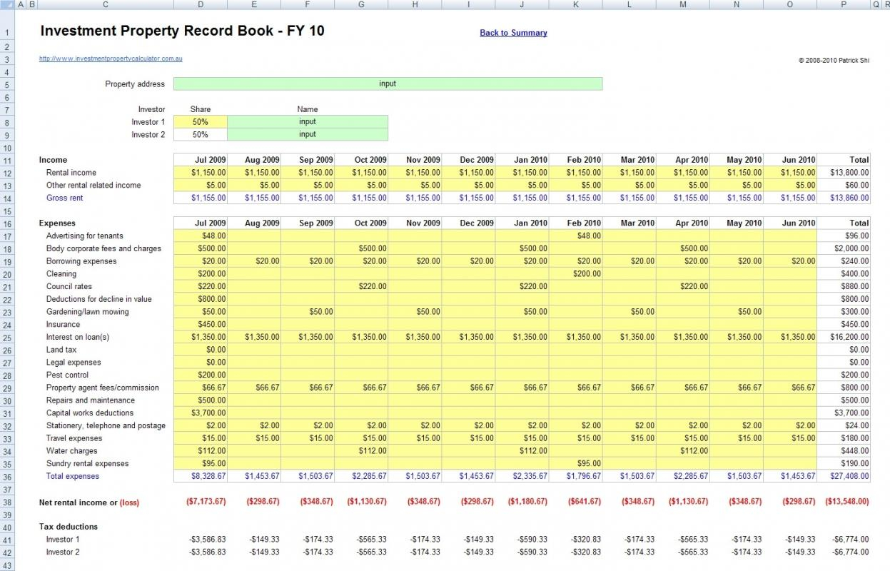 Investment Property Spreadsheet Excel With Regard To Example Of Investment Property Calculator Exceleadsheet Management