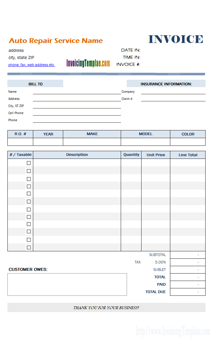 Invoice Spreadsheet Template Free In Mechanic Shop Invoice Templates Auto Repair Template Sample