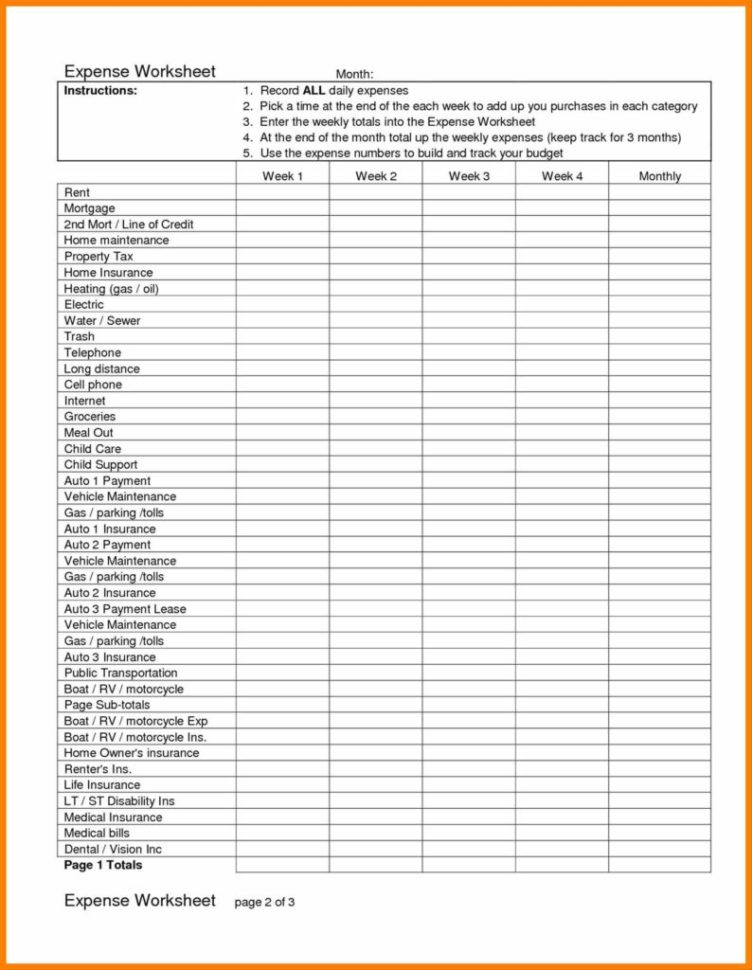 List Of Living Expenses Template