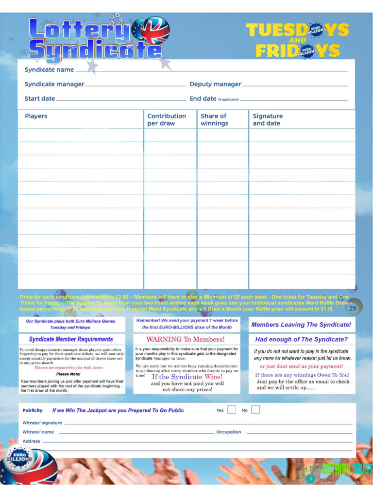 Lottery Syndicate Excel Spreadsheet Template Intended For Lottery Syndicate Agreement Form  6 Free Templates In Pdf, Word