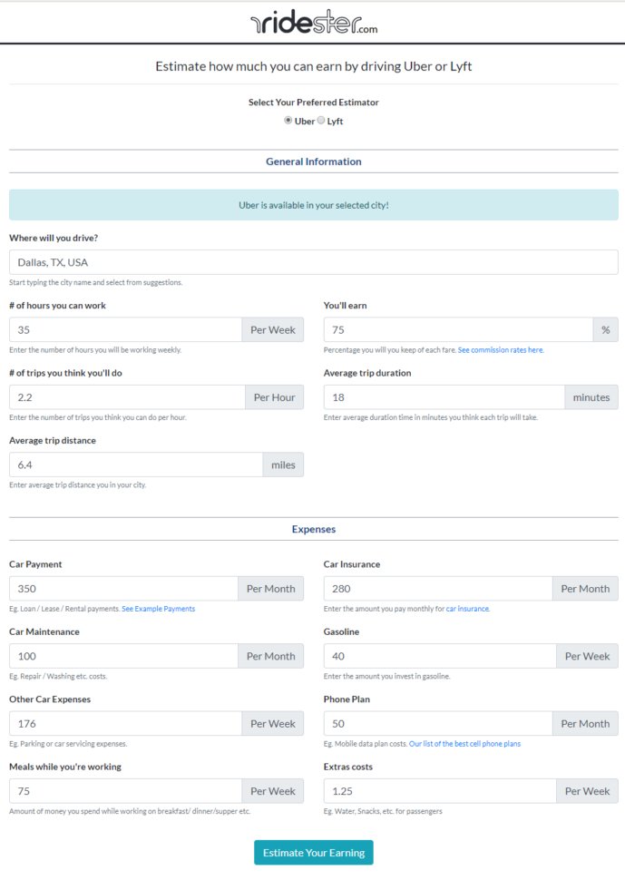 Lyft Driver Excel Spreadsheet Pertaining To Uber And Lyft Driver Earnings Calculator: How Much Can You Make?