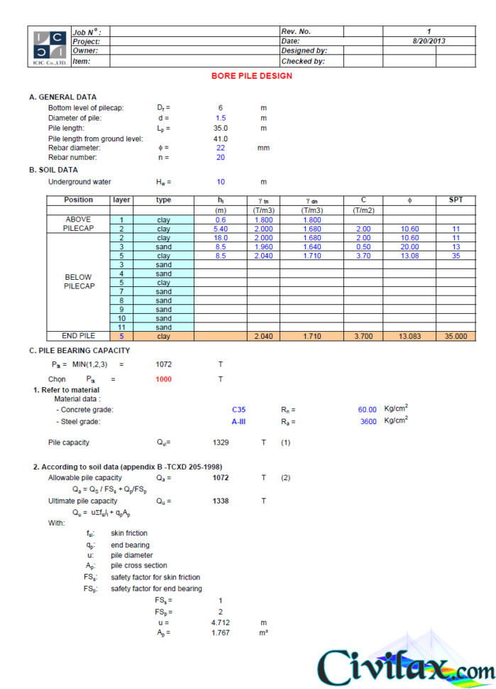 Machine Foundation Design Spreadsheet With Regard To Bore Pile Design To Bs 8004  Spreadsheet