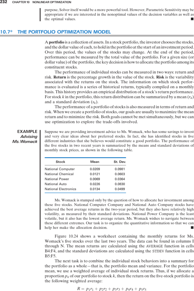 Management Science The Art Of Modeling With Spreadsheets Regarding The Portfolio Optimization Model  Management Science: The Art Of