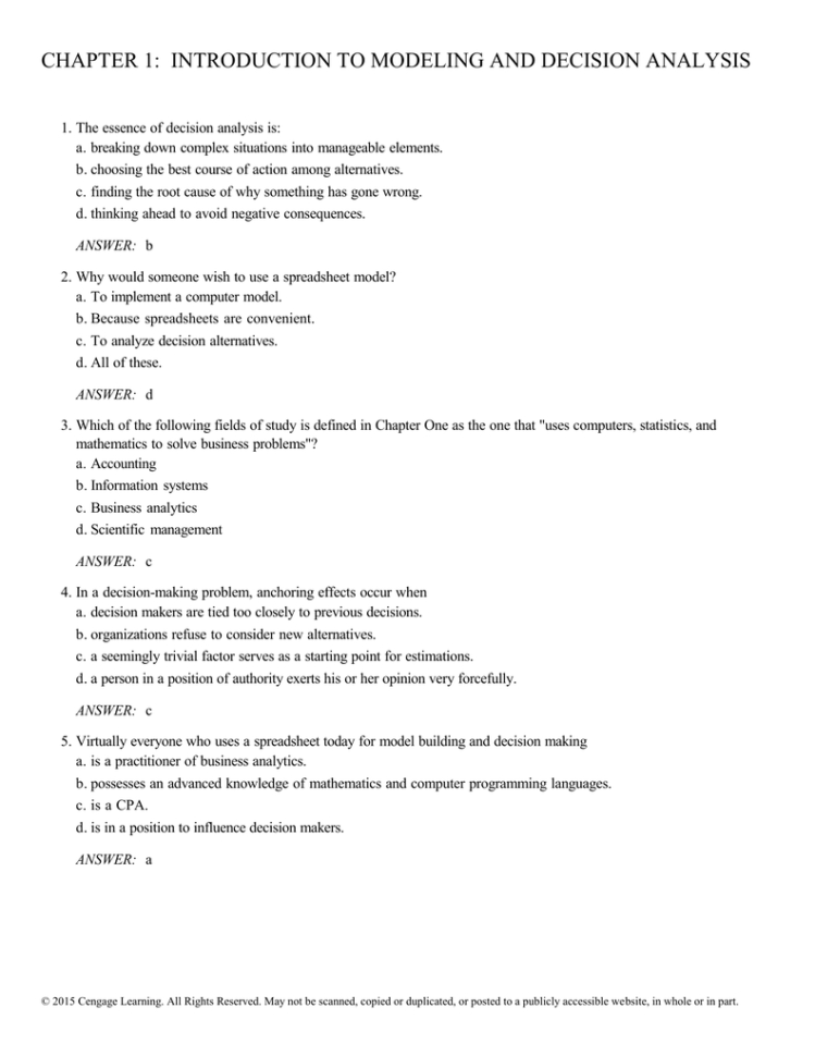 Managerial Decision Modeling With Spreadsheets Answer Key Pertaining To Answer: C