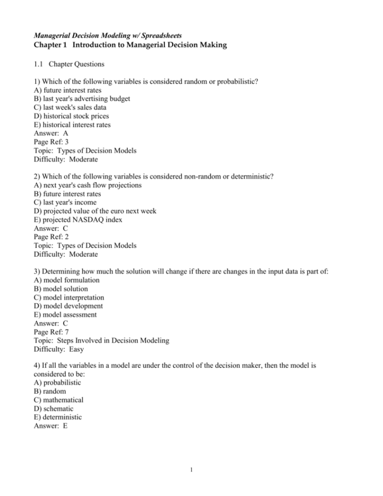 Managerial Decision Modeling With Spreadsheets In Managerial Decision Modeling W/ Spreadsheets Chapter 1