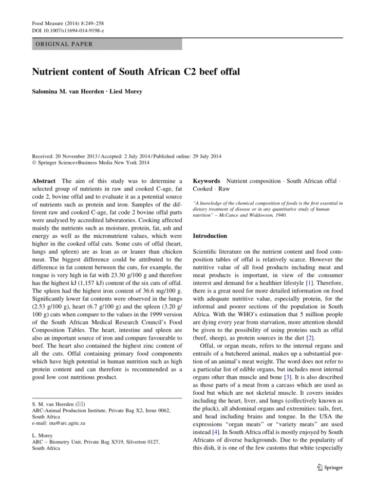 Mccance And Widdowson Spreadsheet With Pdf Nutrient Content Of South African C2 Beef Offal