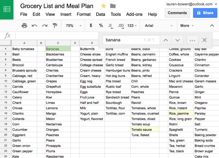google sheets weekly meals plans