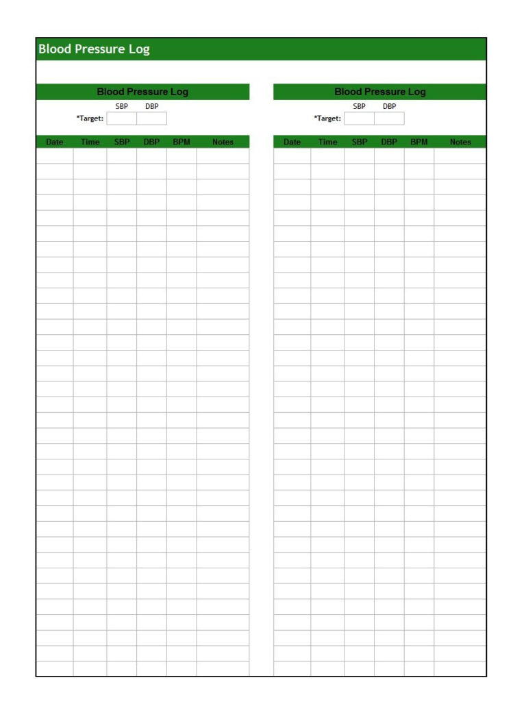 blood pressure recording chart excel