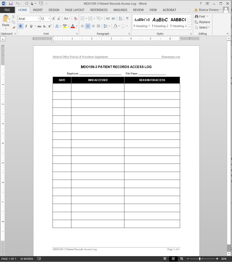 Medical Record Spreadsheet In Patient Records Access Log Template