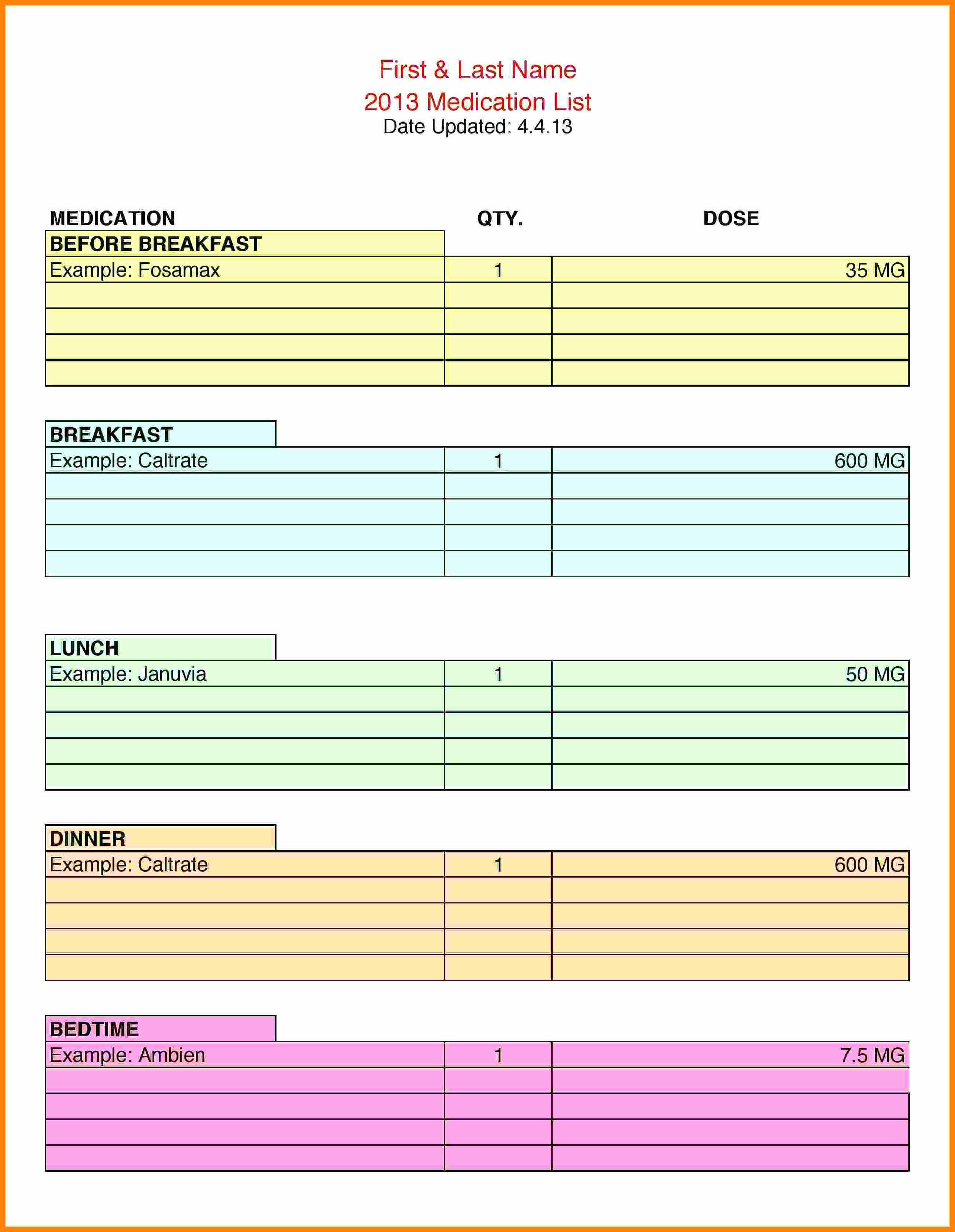 Medication Spreadsheet Organizer With Regard To 910 Printable Medication List  Artresumes