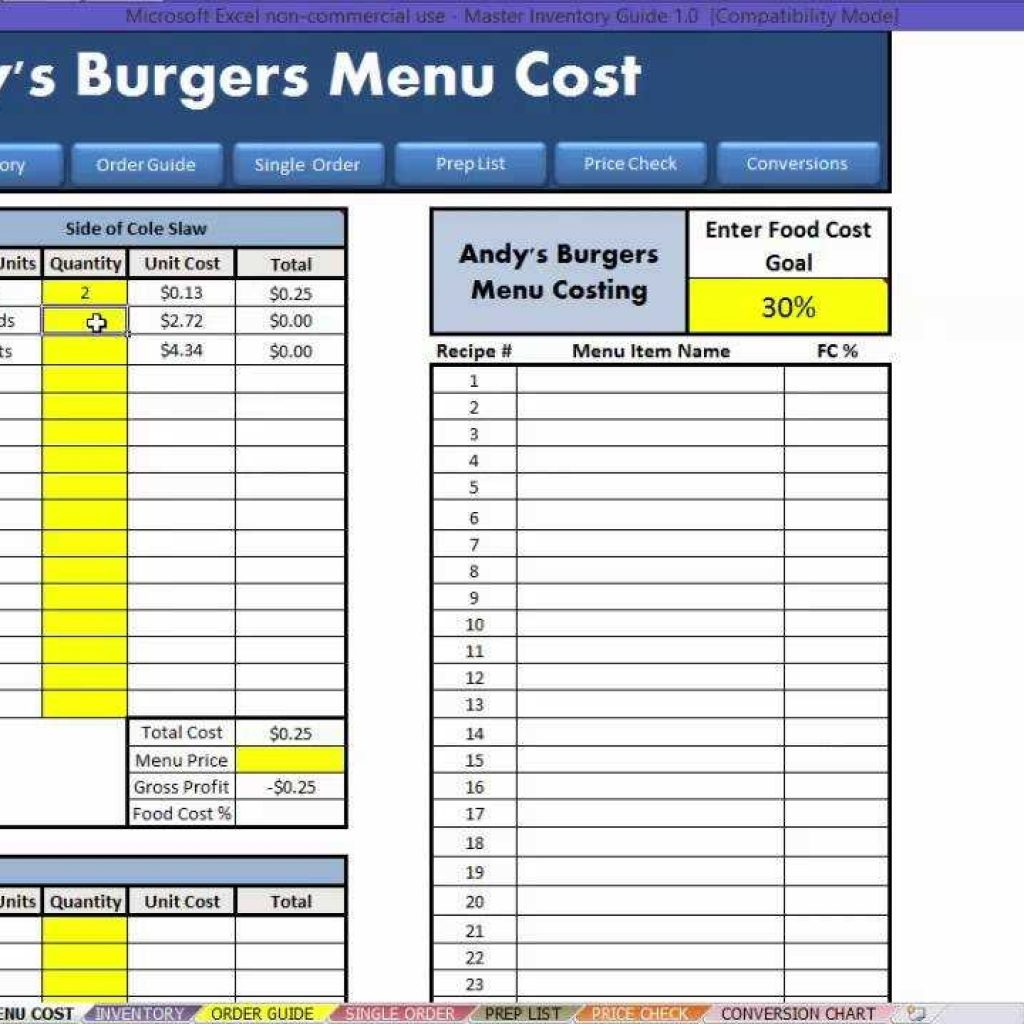 Food Costing Template Excel Free