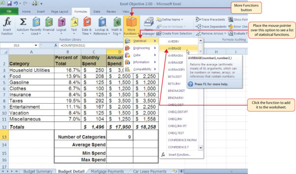 Microsoft Excel Spreadsheet Formulas List Inside Statistical Functions — Db 5038