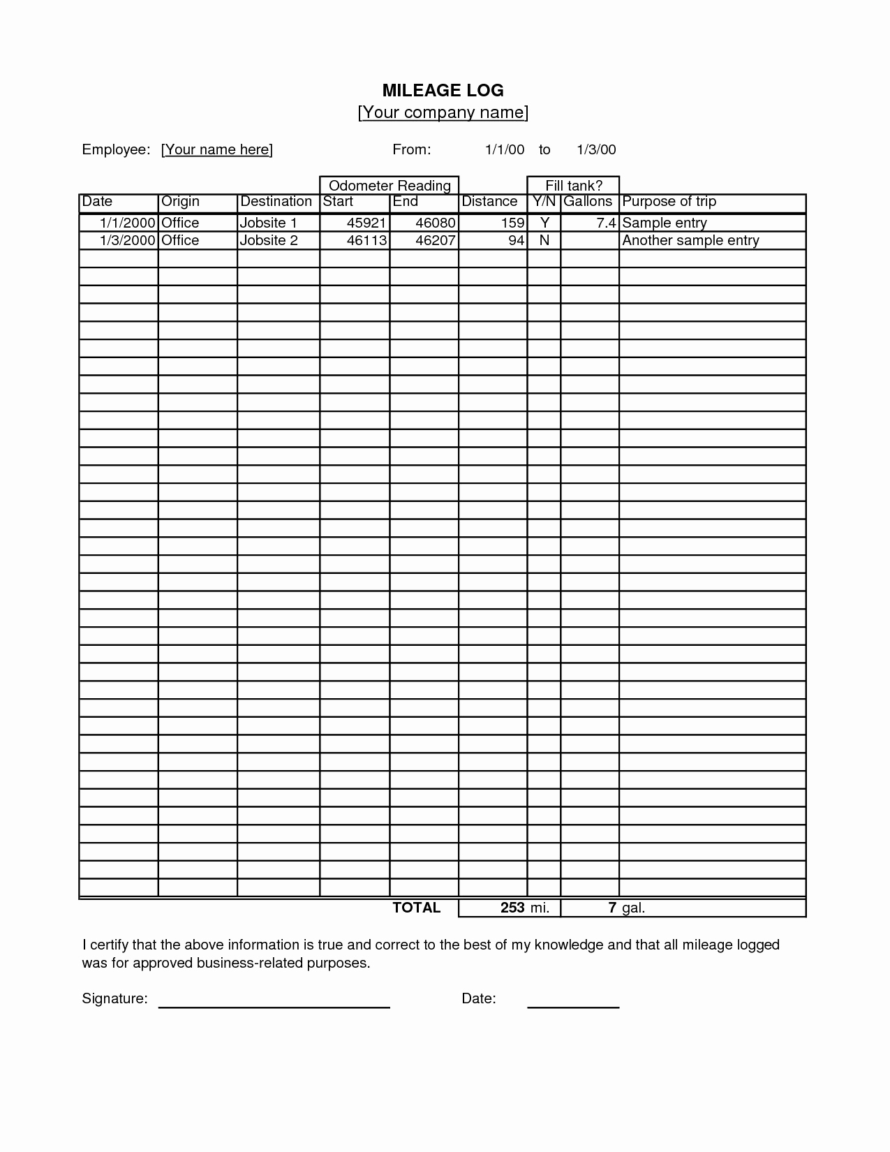 Mileage Log Spreadsheet intended for 22  Printable Mileage Log Examples