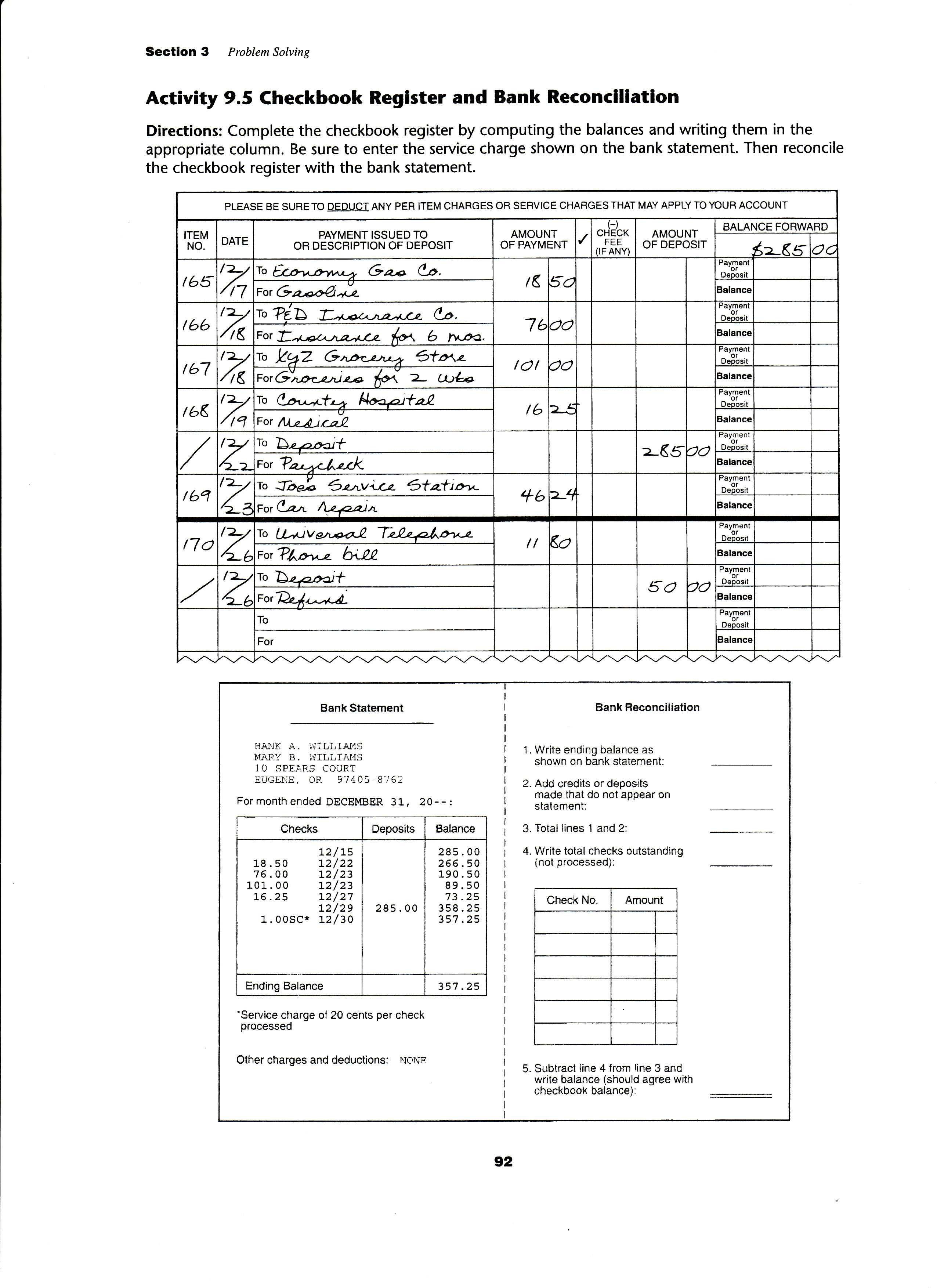 Checking Account Worksheet Answers