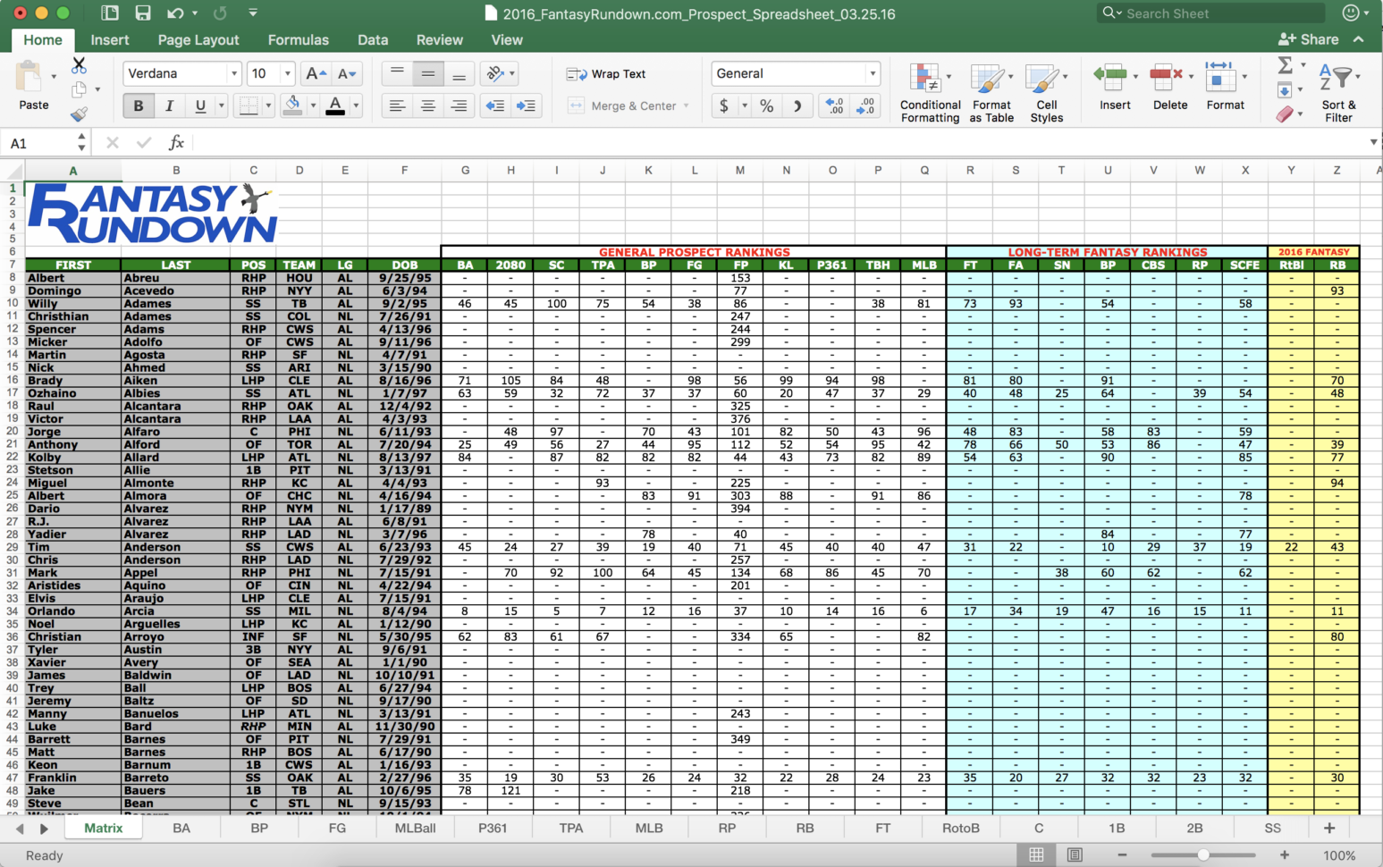 Mlb Spreadsheet —