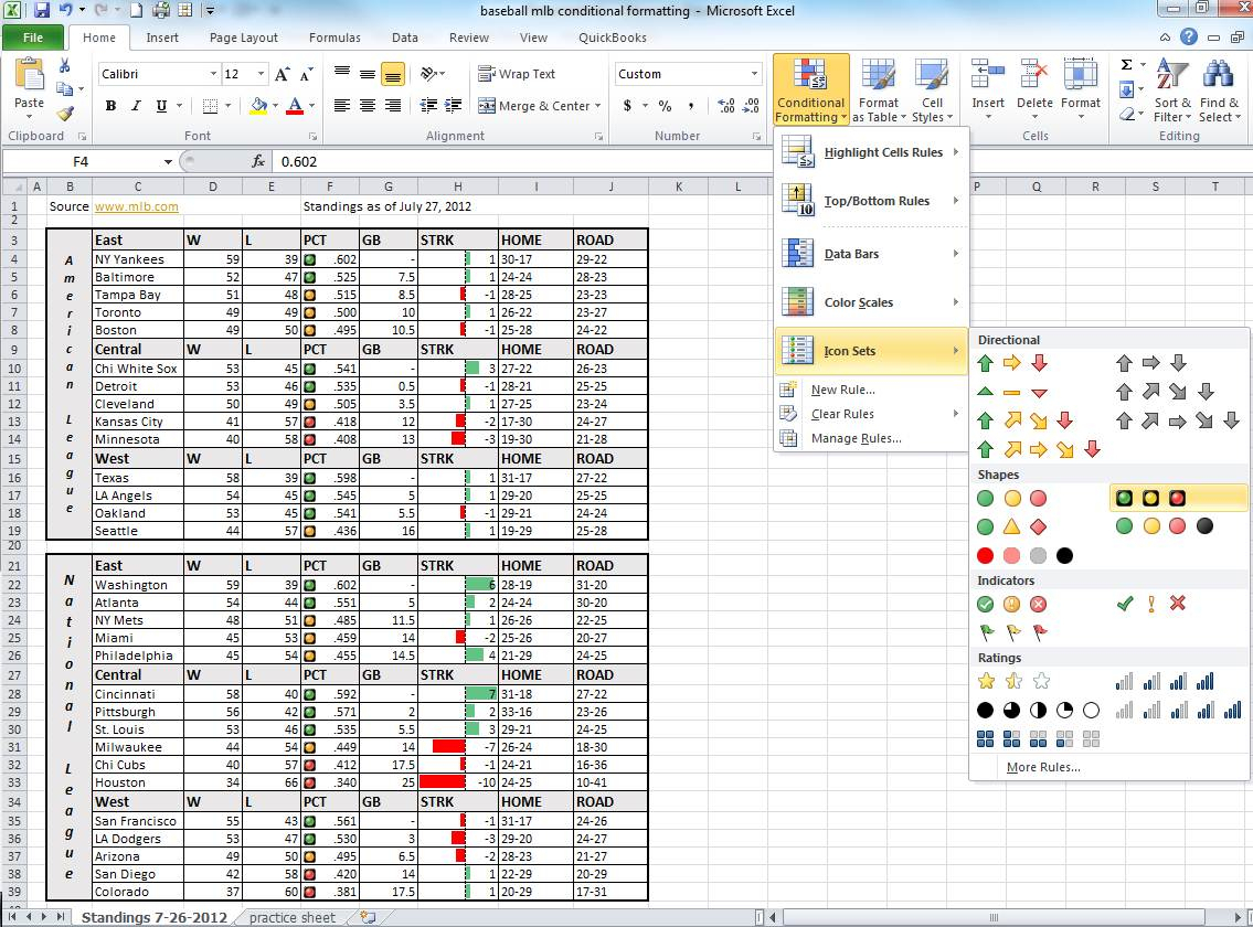 Mlb Spreadsheet Within Use Data Bars And Icon Sets To Major League Baseball Standings Using