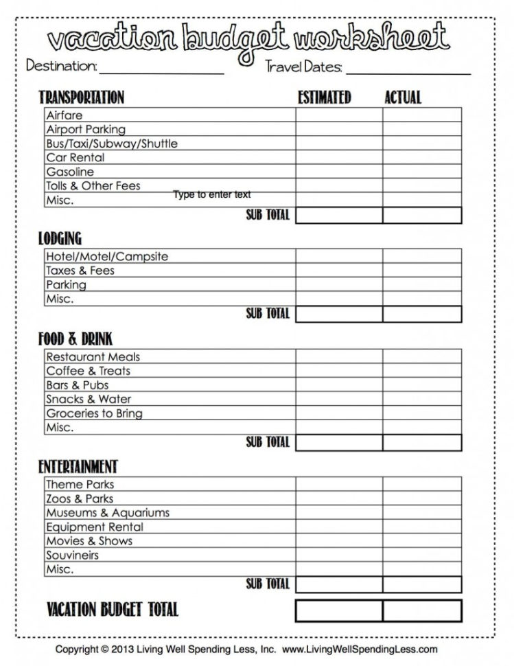 Money Planning Spreadsheet With Vacation^ Budget^ Worksheet^
