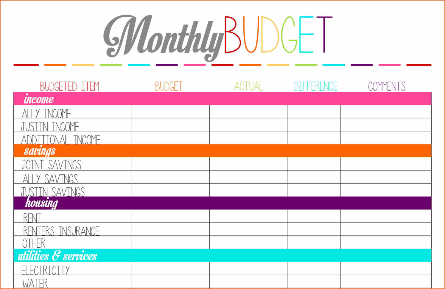 excel personal budget monthly example