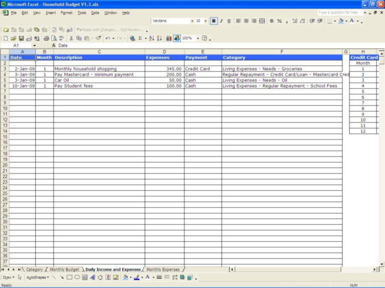 spreadsheet for monthly household expenses