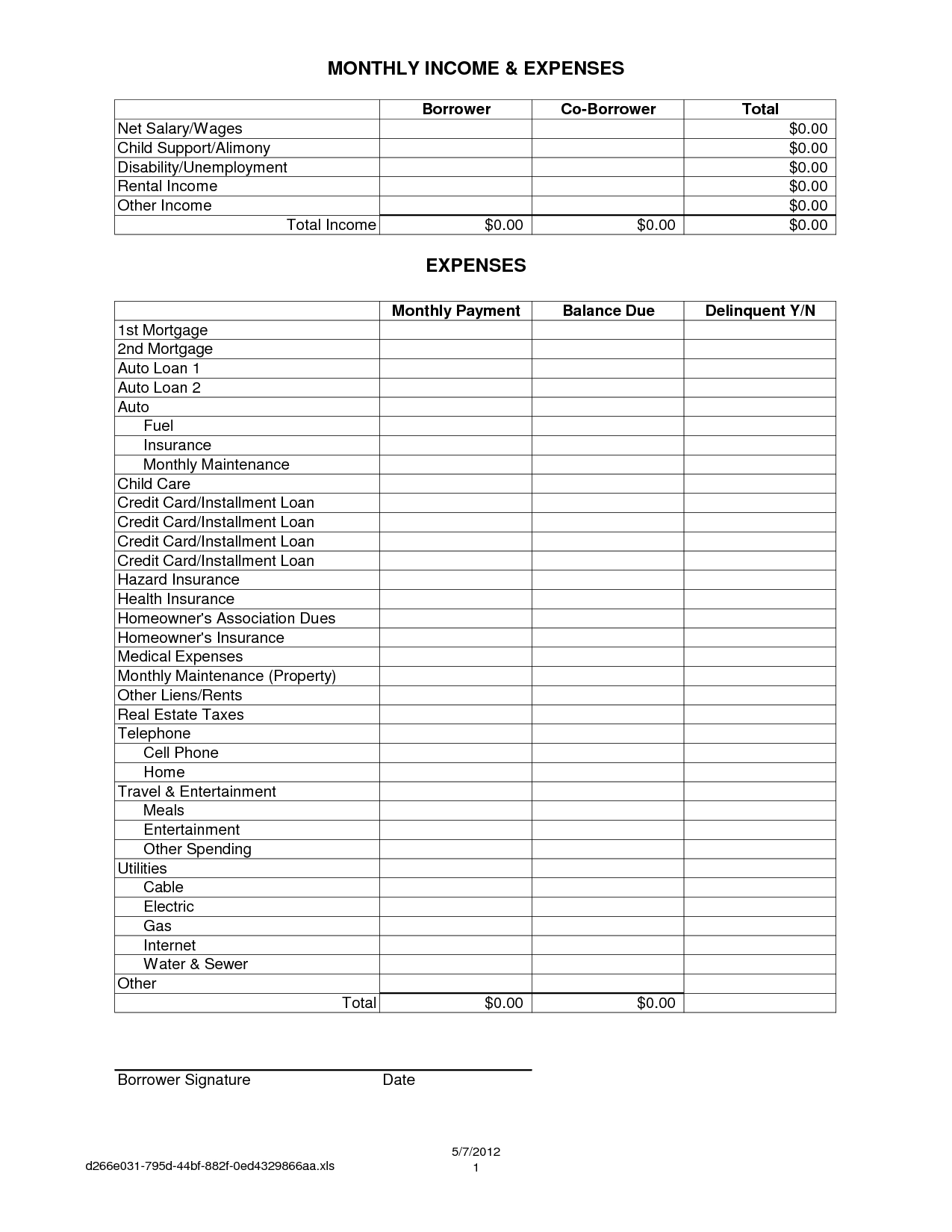 Monthly Income Expenditure Spreadsheet Regarding Free Monthly Expenses 