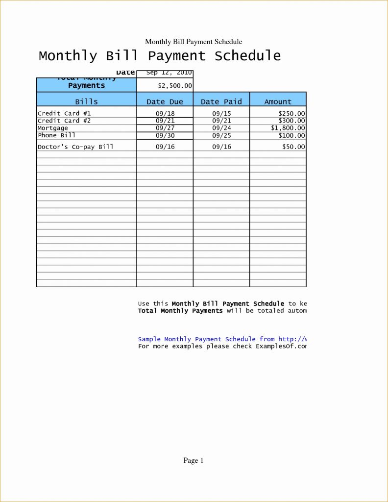 list of monthly bills to pay excel