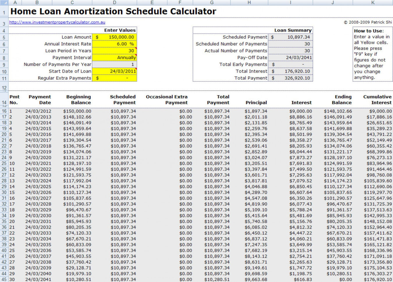 mortgage calculator payoff table