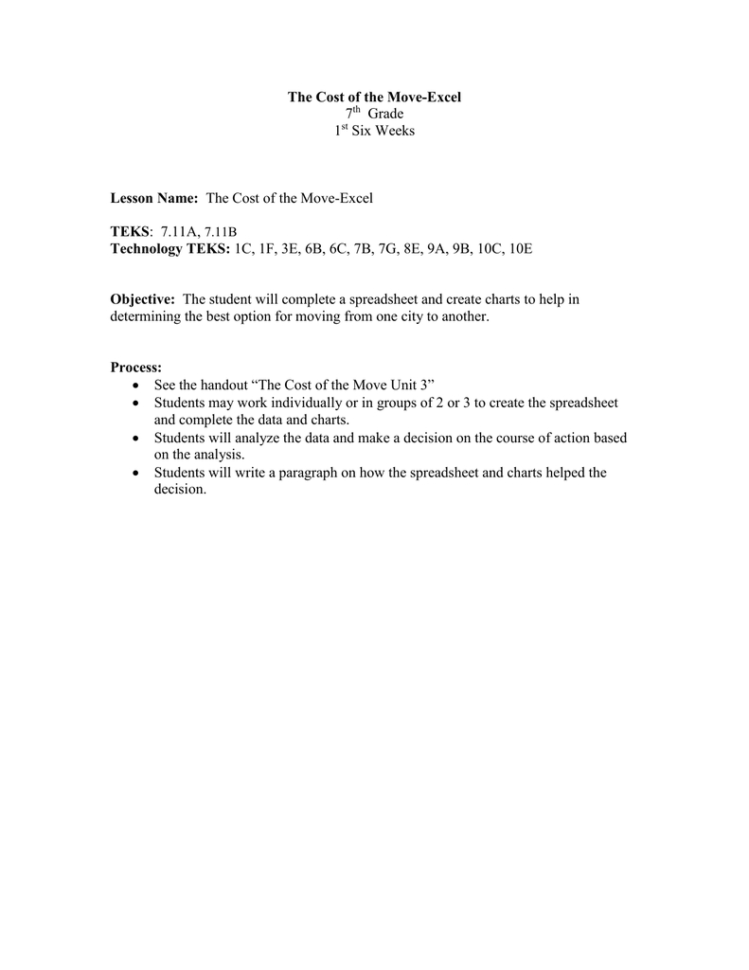 Moving Cost Spreadsheet For The Cost Of The Moveexcel Lesson Name: Teks