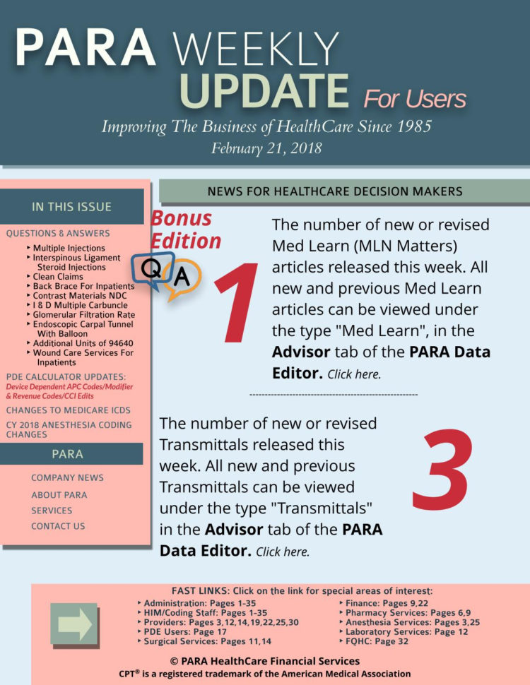 Ncci Edits 2018 Excel Spreadsheet Pertaining To Para Weekly Update For Users February 28 2018Para Healthcare