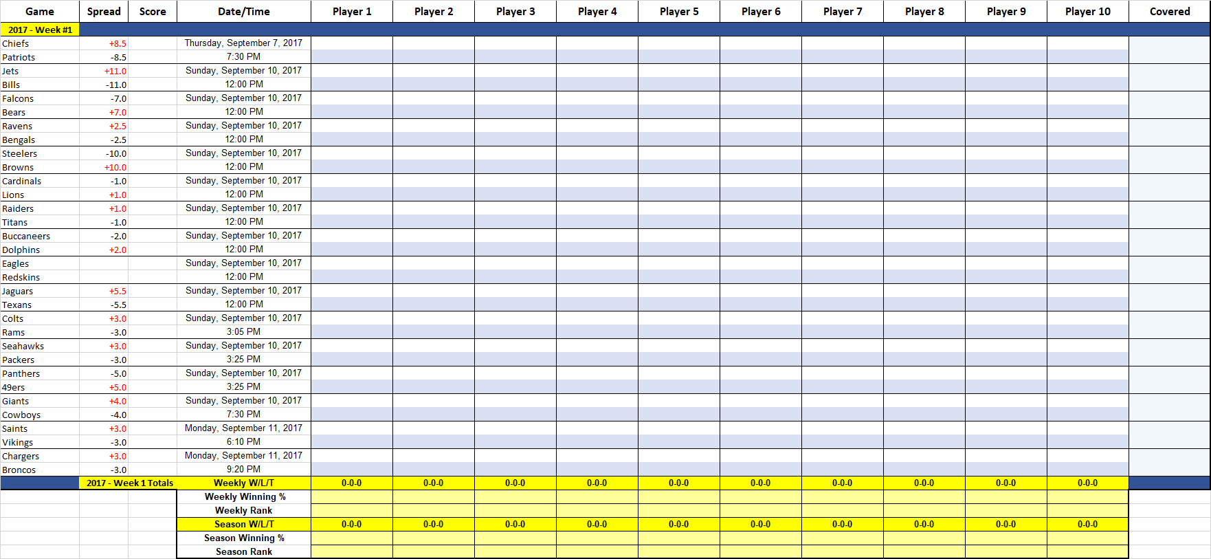 NFL Spreadsheet Excel —