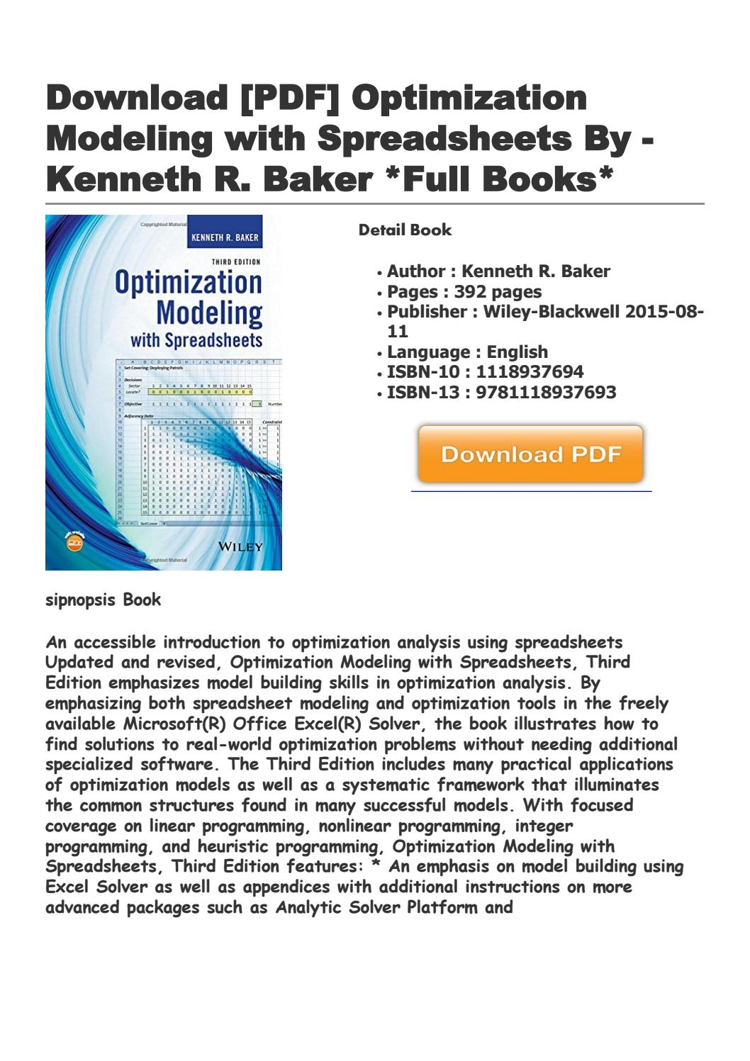 Optimization Modeling With Spreadsheets 3Rd Edition Pdf Throughout Download [Pdf] Optimization Modeling With Spreadsheets Kenneth