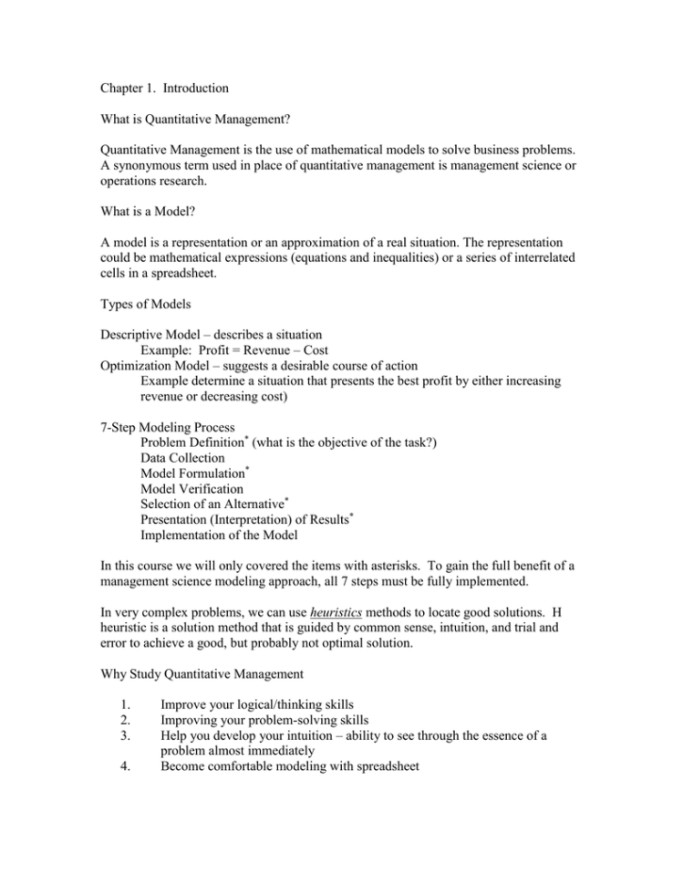 Optimization Modeling With Spreadsheets Solutions Intended For Chapter 1. Introduction What Is Quantitative Management?