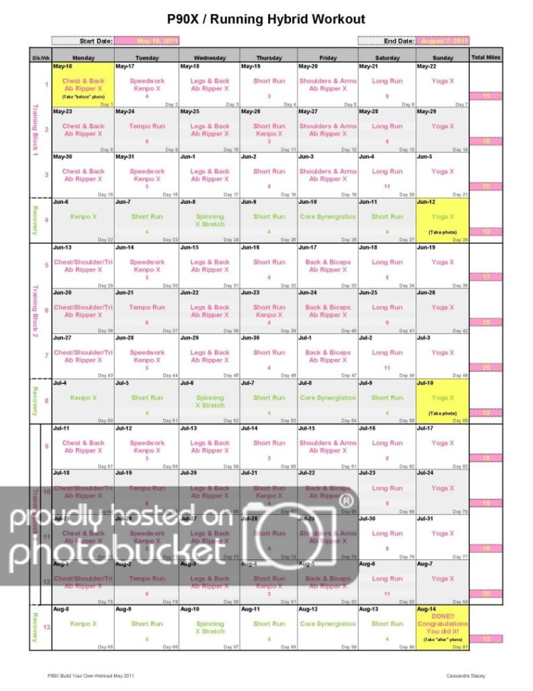 P90X Spreadsheet Intended For P90X + Running Hybrid Begins 5.16.11