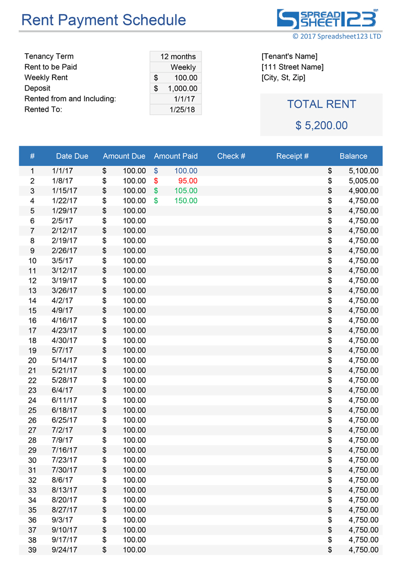 Payment Spreadsheet Template Within Rent Payment Schedule Template For Excel