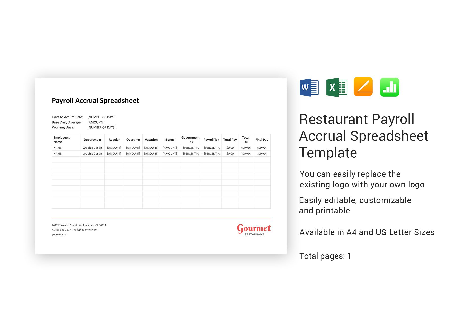 Payroll Accrual Spreadsheet Inside Restaurant Payroll Accrual Spreadsheet Template In Word, Excel