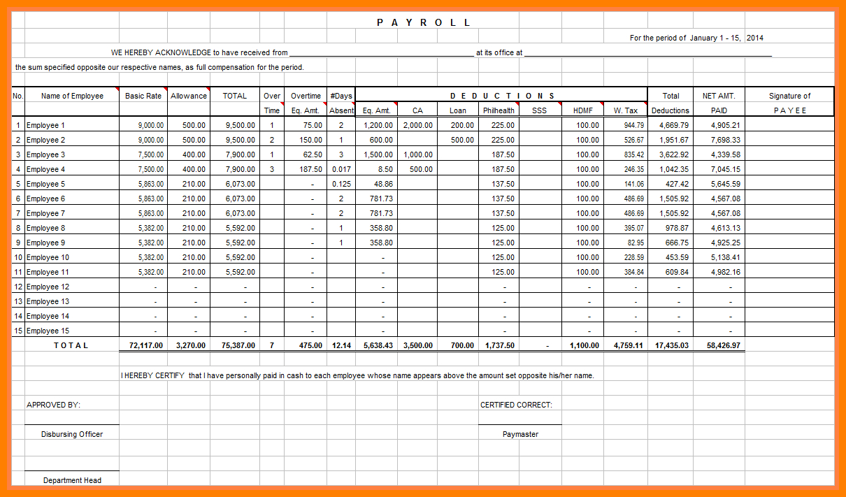 Payroll Calculator Spreadsheet regarding Excel Spreadsheet For Payroll