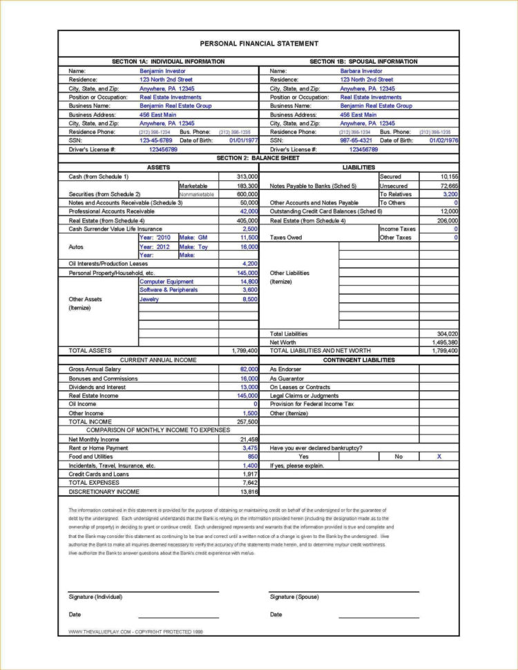 Personal Financial Statement Spreadsheet For 018 Free Personal Financial Statement Template Download Form