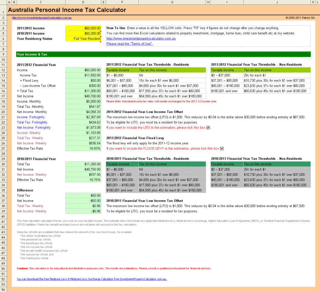 Personal Income Tax Spreadsheet For Free Australia Personal Income Tax Calculator In Excel